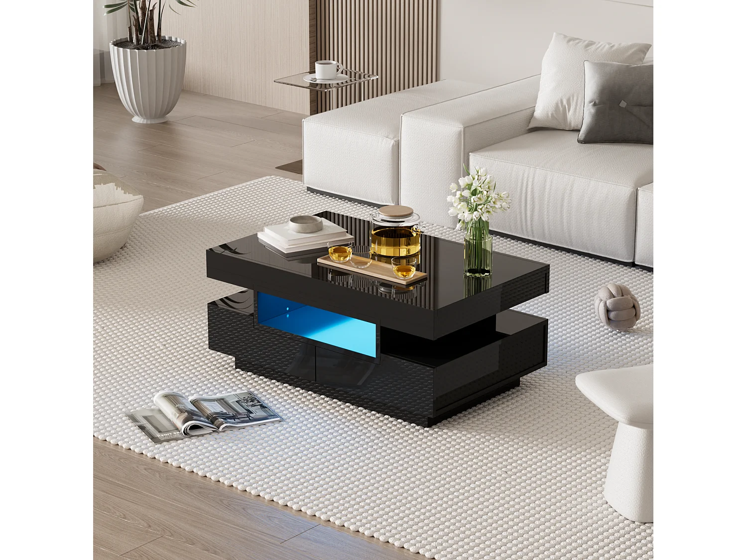 Table basse, finition brillante, avec LED, 4 tiroirs à l'avant et à l'arrière, grand espace de rangement 80x50x36cm, noir