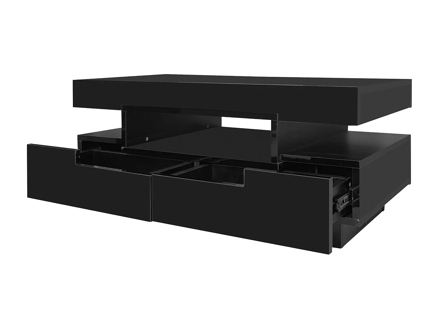 Table basse, finition brillante, avec LED, 4 tiroirs à l'avant et à l'arrière, grand espace de rangement 80x50x36cm, noir