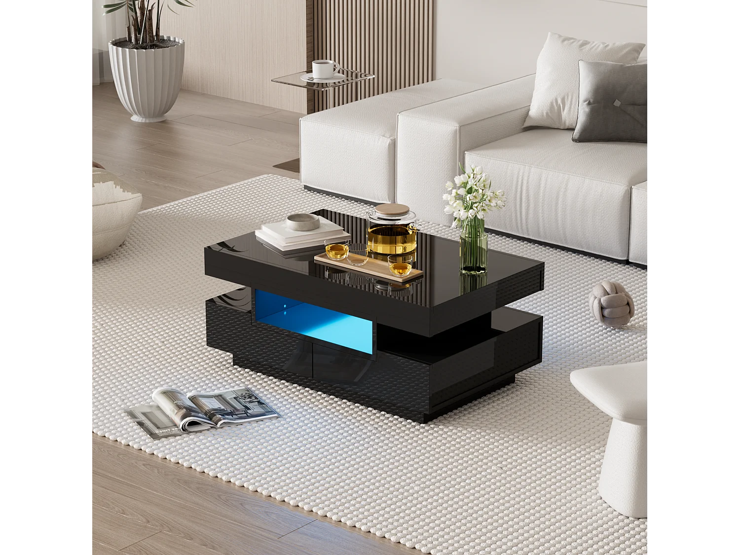 Salontafel, hoogglans afwerking, met LED, 4 lades aan de voor- en achterkant, grote opbergruimte 80x50x36cm, zwart