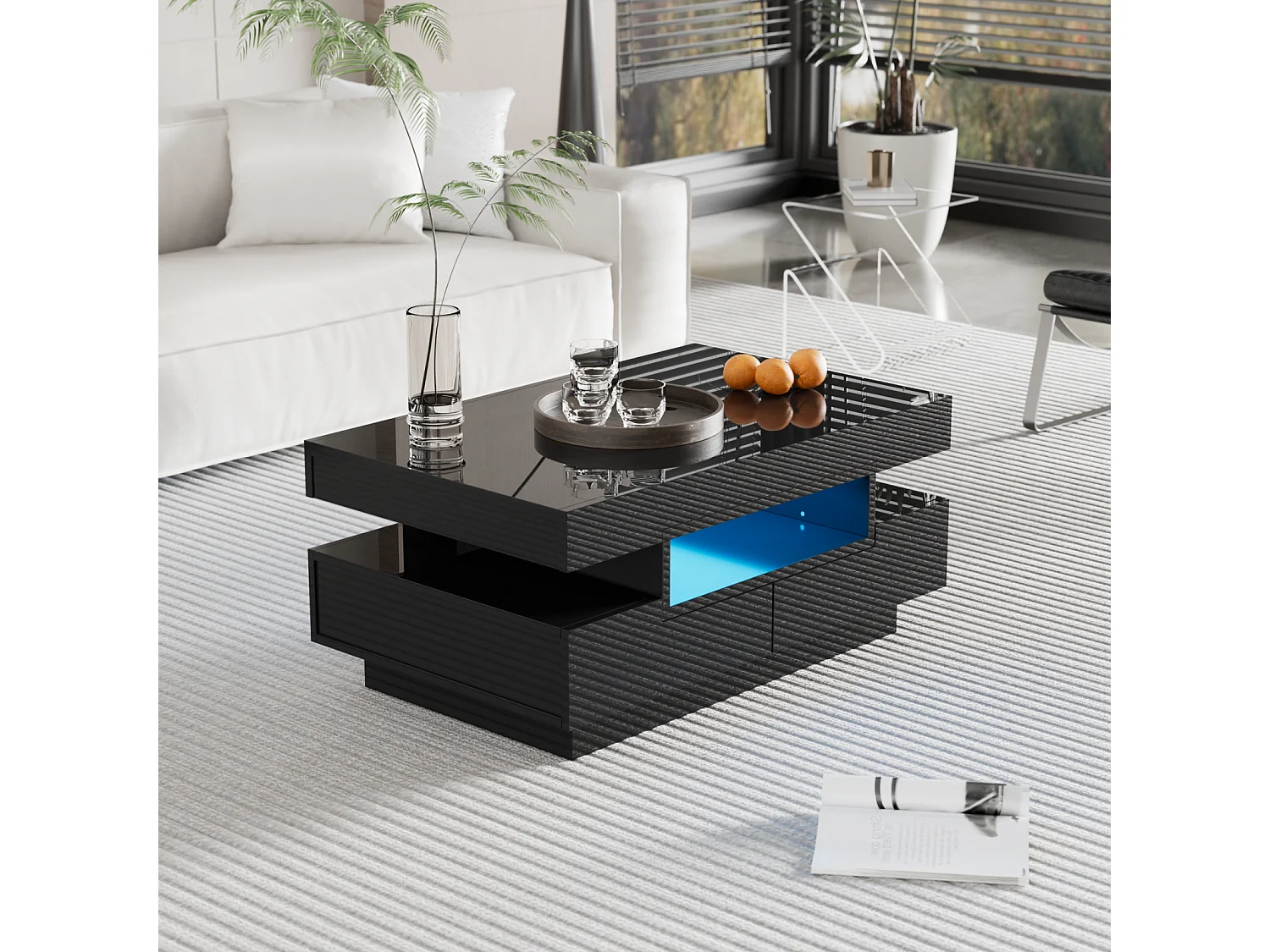 Table basse, finition brillante, avec LED, 4 tiroirs à l'avant et à l'arrière, grand espace de rangement 80x50x36cm, noir