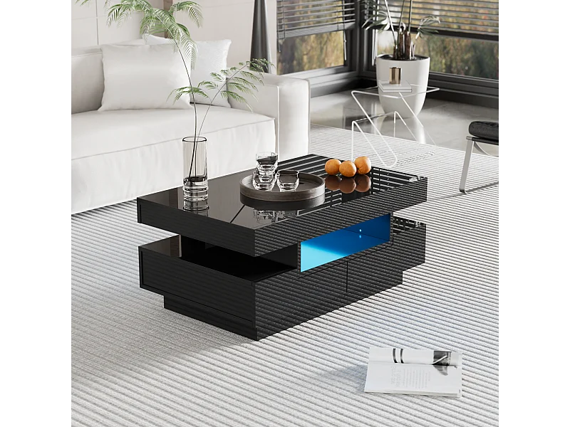 Salontafel, hoogglans afwerking, met LED, 4 lades aan de voor- en achterkant, grote opbergruimte 80x50x36cm, zwart