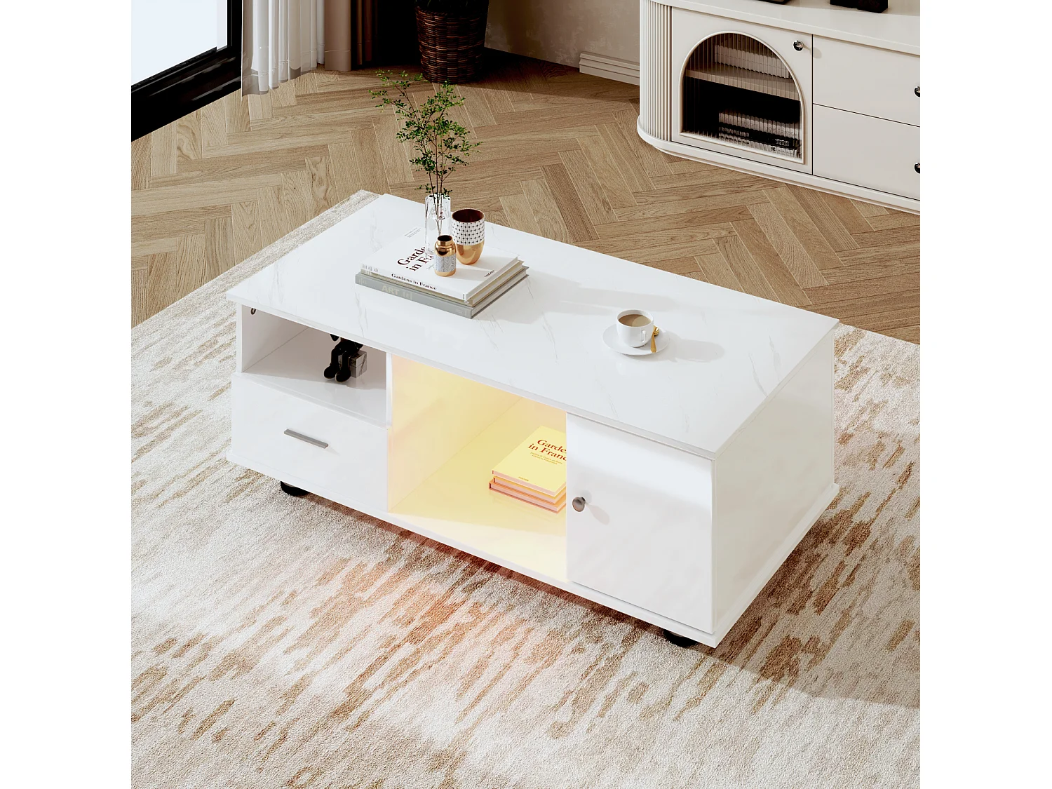 Table basse rectangulaire, 110x38.8x55cm, avec LED, 3 tiroirs, plateau en marbre, blanc brillant