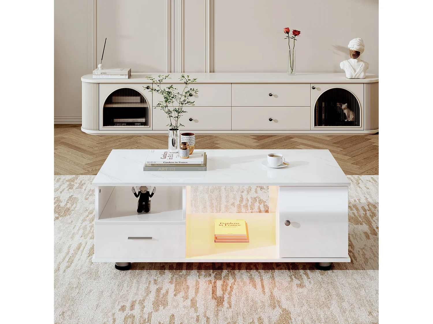 Table basse rectangulaire, 110x38.8x55cm, avec LED, 3 tiroirs, plateau en marbre, blanc brillant