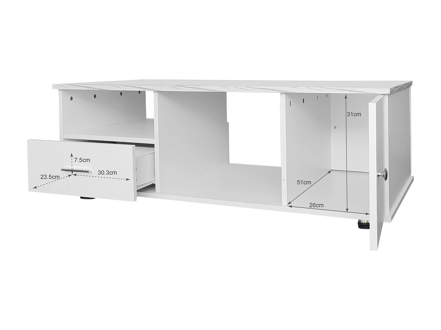 Table basse rectangulaire, 110x38.8x55cm, avec LED, 3 tiroirs, plateau en marbre, blanc brillant