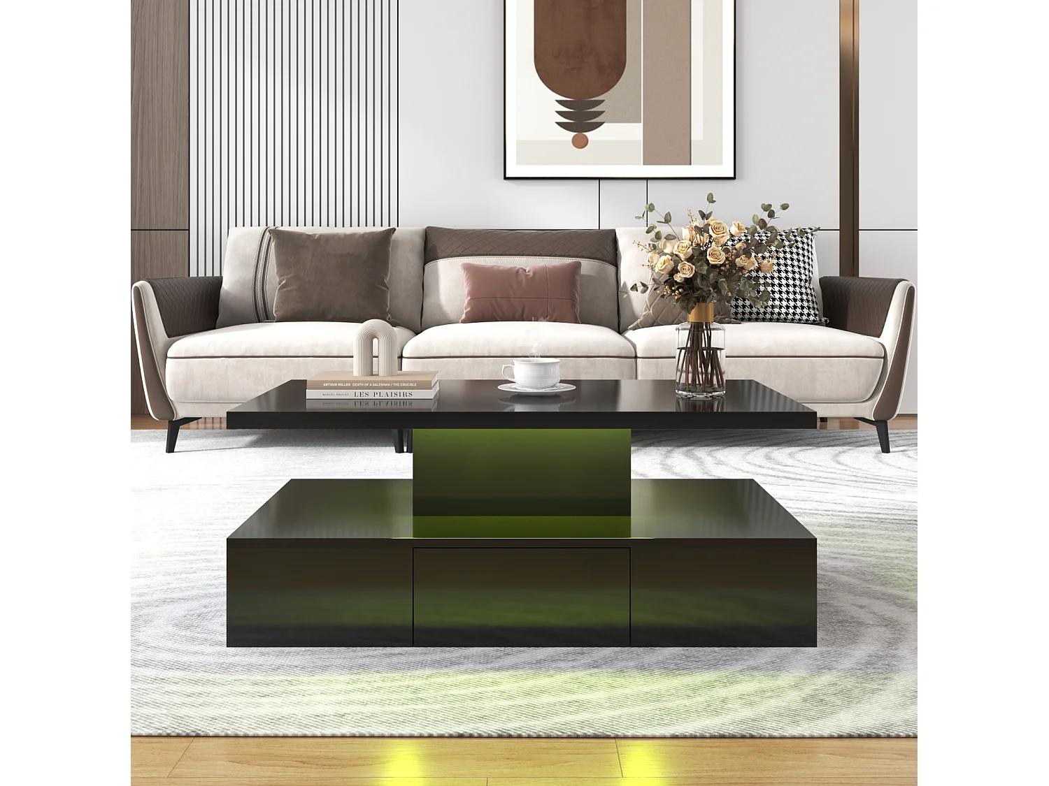 Mesa de centro con cajones, lacado alto brillo, mesa con dos niveles de almacenaje, luz LED, 100 L x 50 W x 39 Hcm Negro