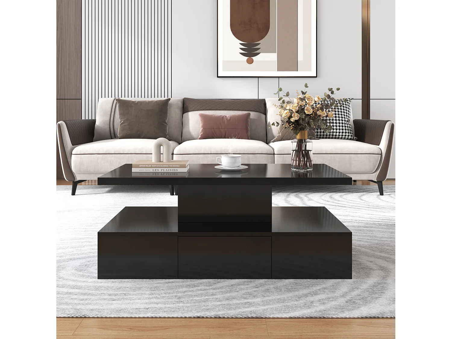 Mesa de centro con cajones, lacado alto brillo, mesa con dos niveles de almacenaje, luz LED, 100 L x 50 W x 39 Hcm Negro