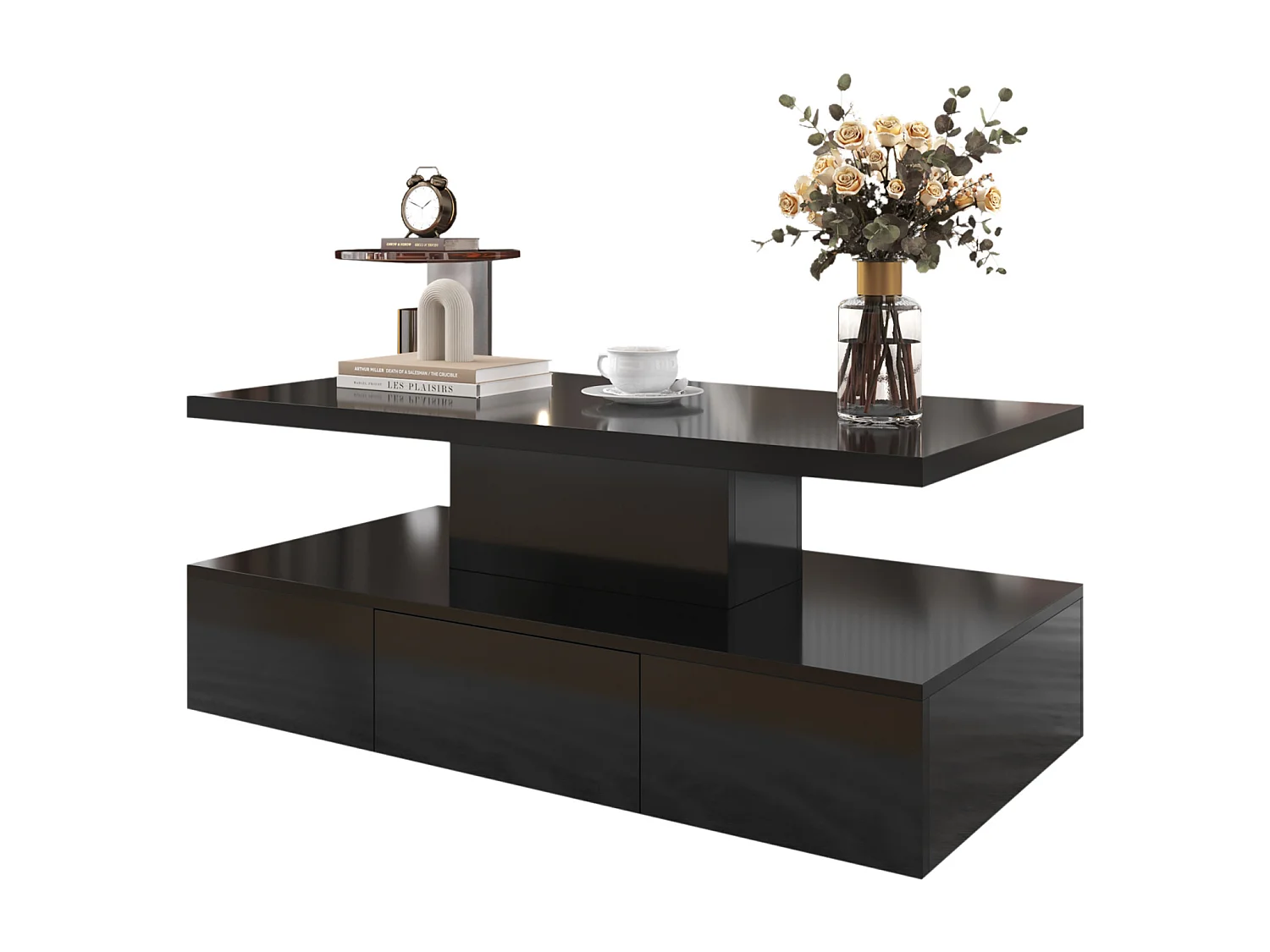 Mesa de centro con cajones, lacado alto brillo, mesa con dos niveles de almacenaje, luz LED, 100 L x 50 W x 39 Hcm Negro