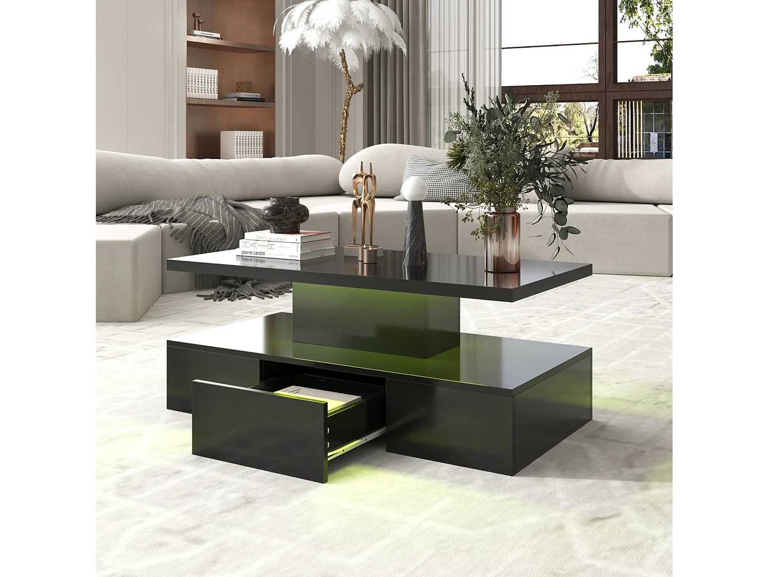 Salontafel met lades, hoogglanslak, tafel met twee opbergniveaus, LED-verlichting, 100 L x 50 B x 39 Hcm Zwart
