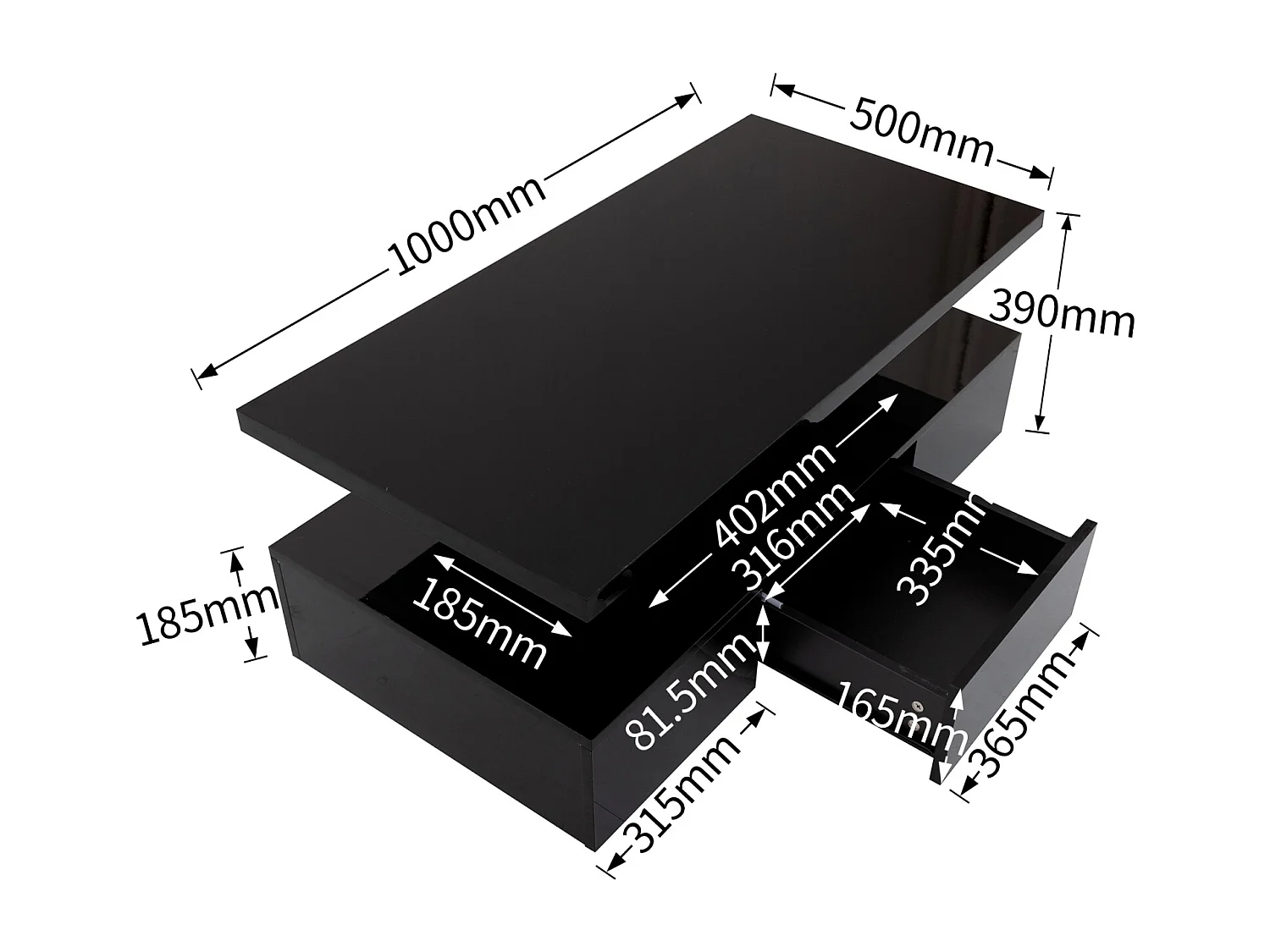 Salontafel met lades, hoogglanslak, tafel met twee opbergniveaus, LED-verlichting, 100 L x 50 B x 39 Hcm Zwart