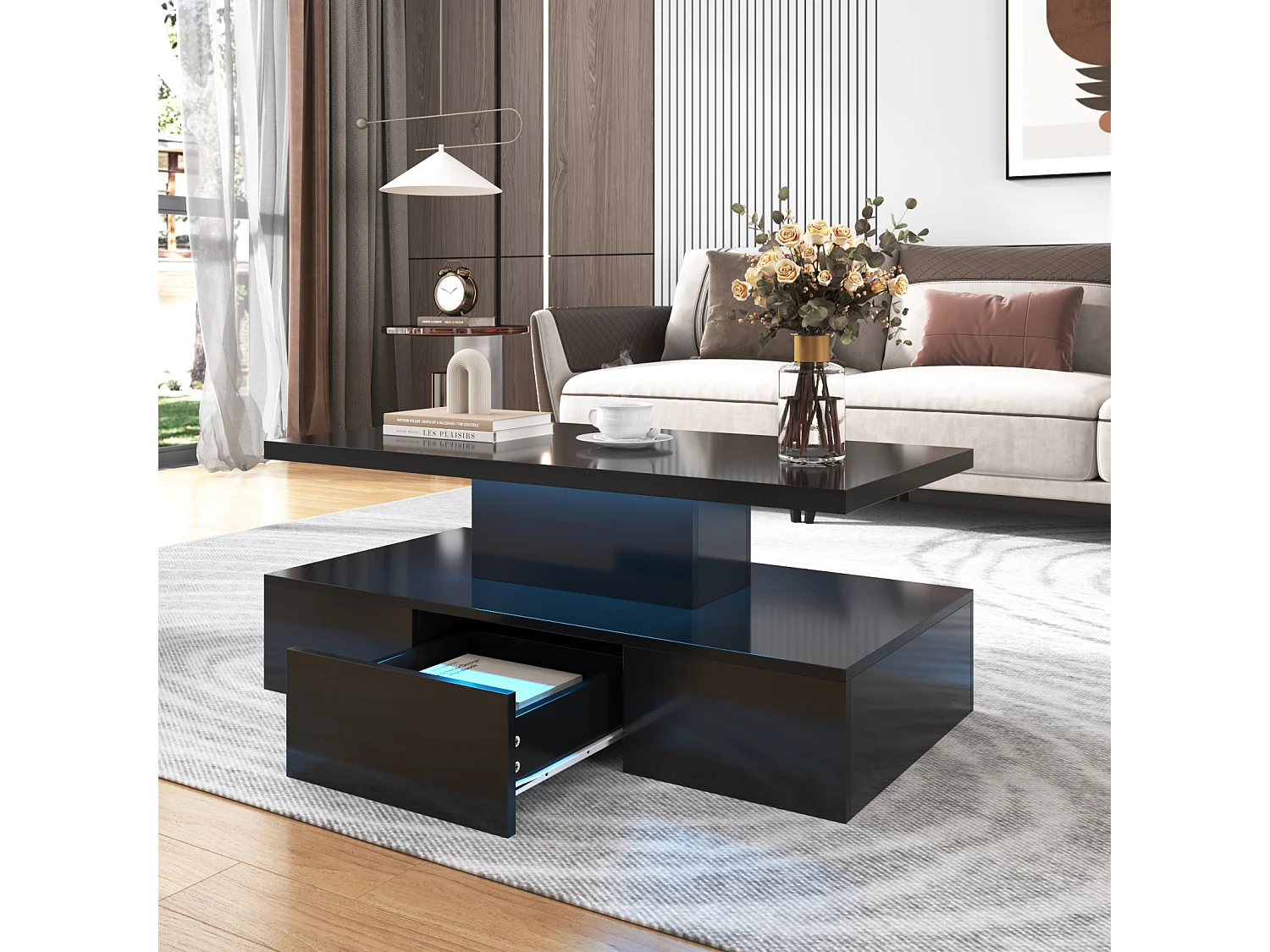 Salontafel met lades, hoogglanslak, tafel met twee opbergniveaus, LED-verlichting, 100 L x 50 B x 39 Hcm Zwart