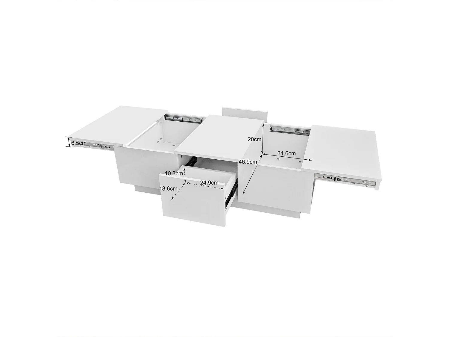 Tavolino 100x50x31cm, tavolo da soggiorno lucido con struttura portante push-pull, cassetti bifacciali, bianco