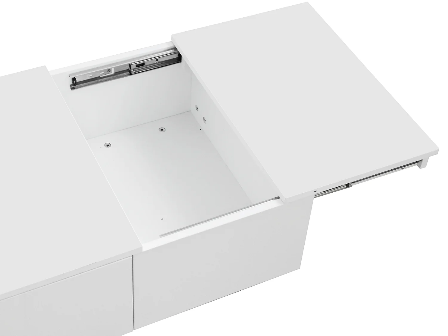 Tavolino 100x50x31cm, tavolo da soggiorno lucido con struttura portante push-pull, cassetti bifacciali, bianco