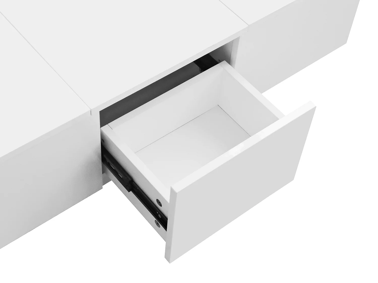 Tavolino 100x50x31cm, tavolo da soggiorno lucido con struttura portante push-pull, cassetti bifacciali, bianco