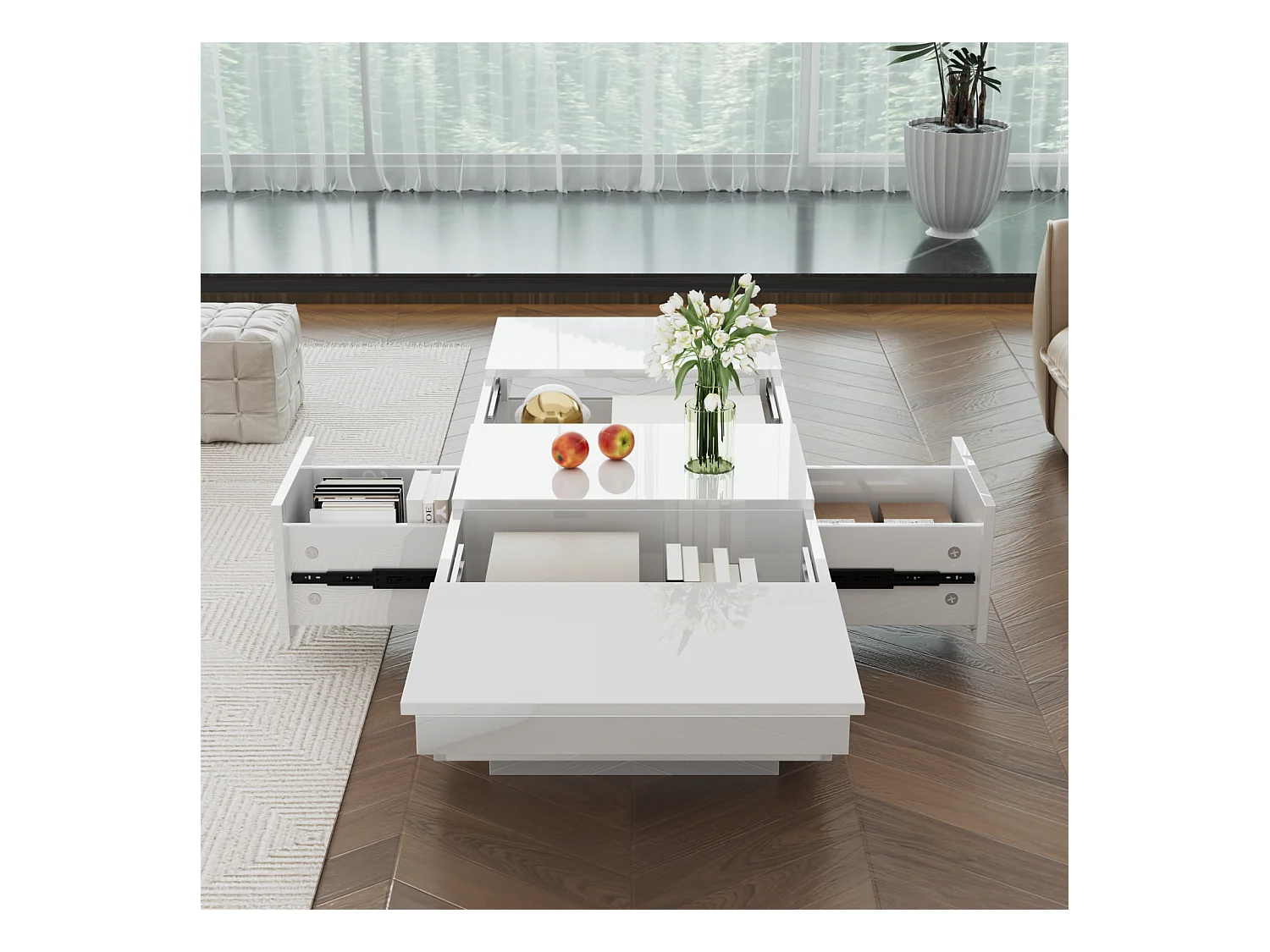 Table basse 100x50x31cm, table de salon haute brillance avec structure de rangement push-pull, tiroirs double face, blanc