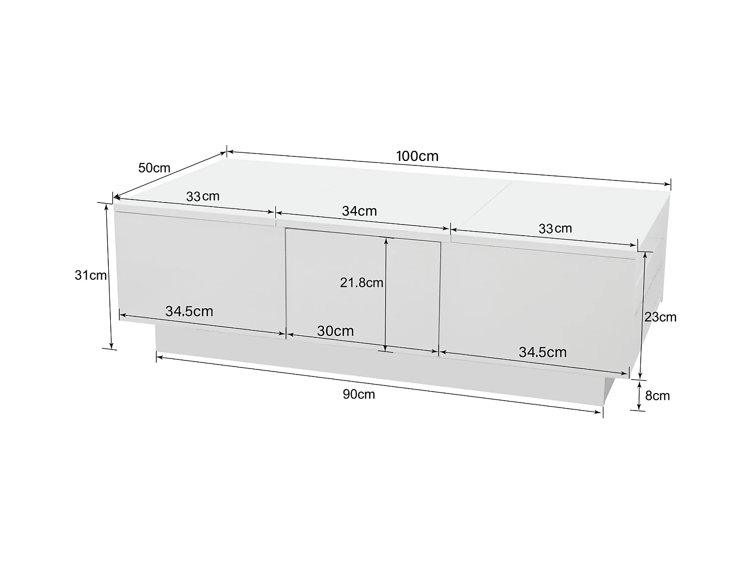 Table basse 100x50x31cm, table de salon haute brillance avec structure de rangement push-pull, tiroirs double face, blanc