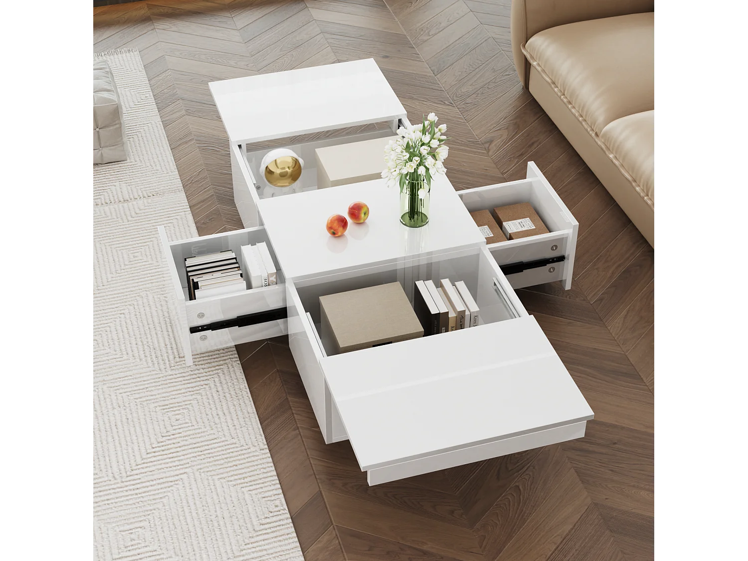 Salontafel 100x50x31cm, hoogglans woonkamertafel met push-pull opbergstructuur, dubbelzijdige lades, wit