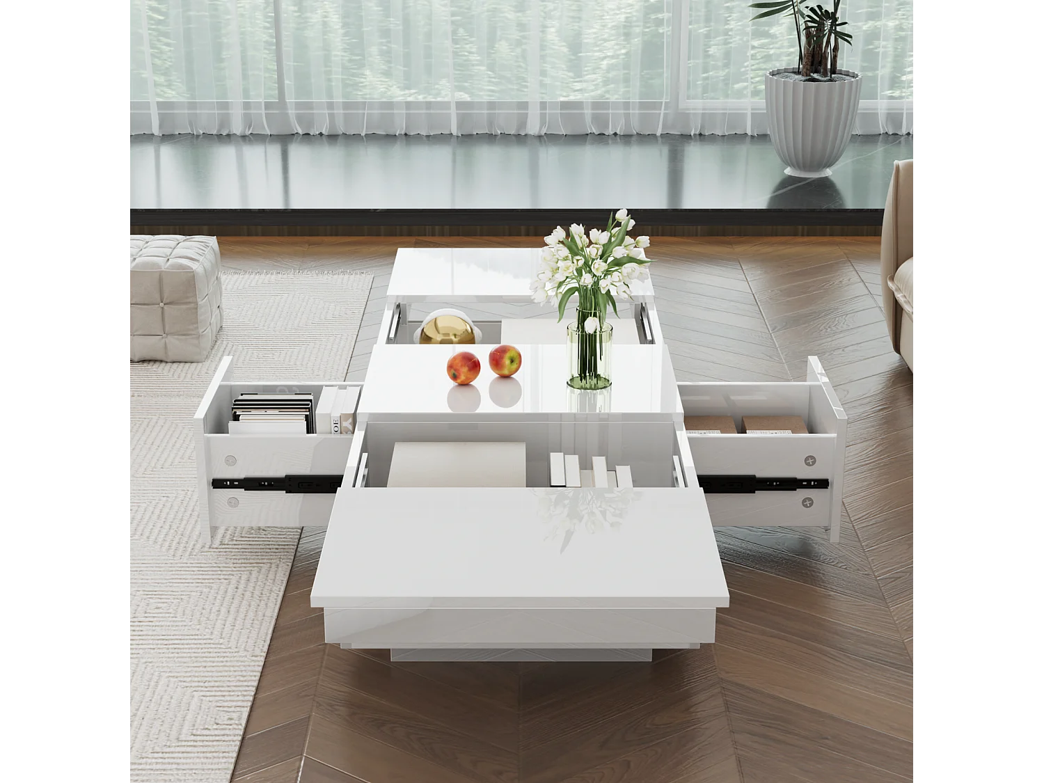 Salontafel 100x50x31cm, hoogglans woonkamertafel met push-pull opbergstructuur, dubbelzijdige lades, wit