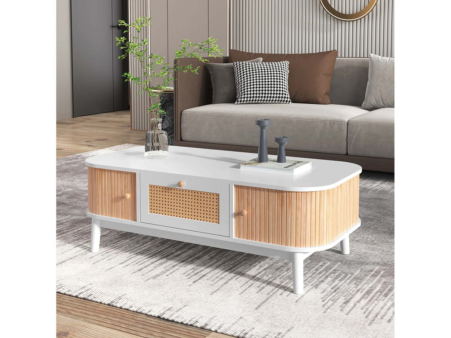 Mesa de Centro Estilo Cottage 110x55x38,5cm - Mesa de Centro con Cajones de Ratán y Puertas Correderas con Listones de Madera Maciza Patas de Madera Maciza - Blanco
