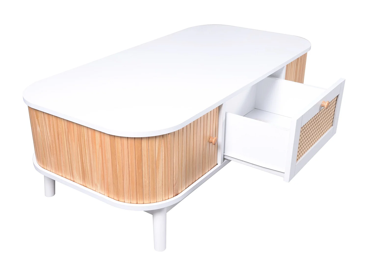 Mesa de Centro Estilo Cottage 110x55x38,5cm - Mesa de Centro con Cajones de Ratán y Puertas Correderas con Listones de Madera Maciza Patas de Madera Maciza - Blanco