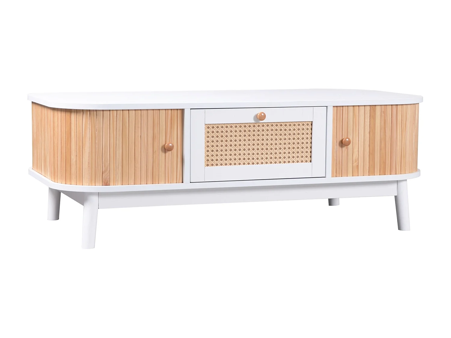Mesa de Centro Estilo Cottage 110x55x38,5cm - Mesa de Centro con Cajones de Ratán y Puertas Correderas con Listones de Madera Maciza Patas de Madera Maciza - Blanco