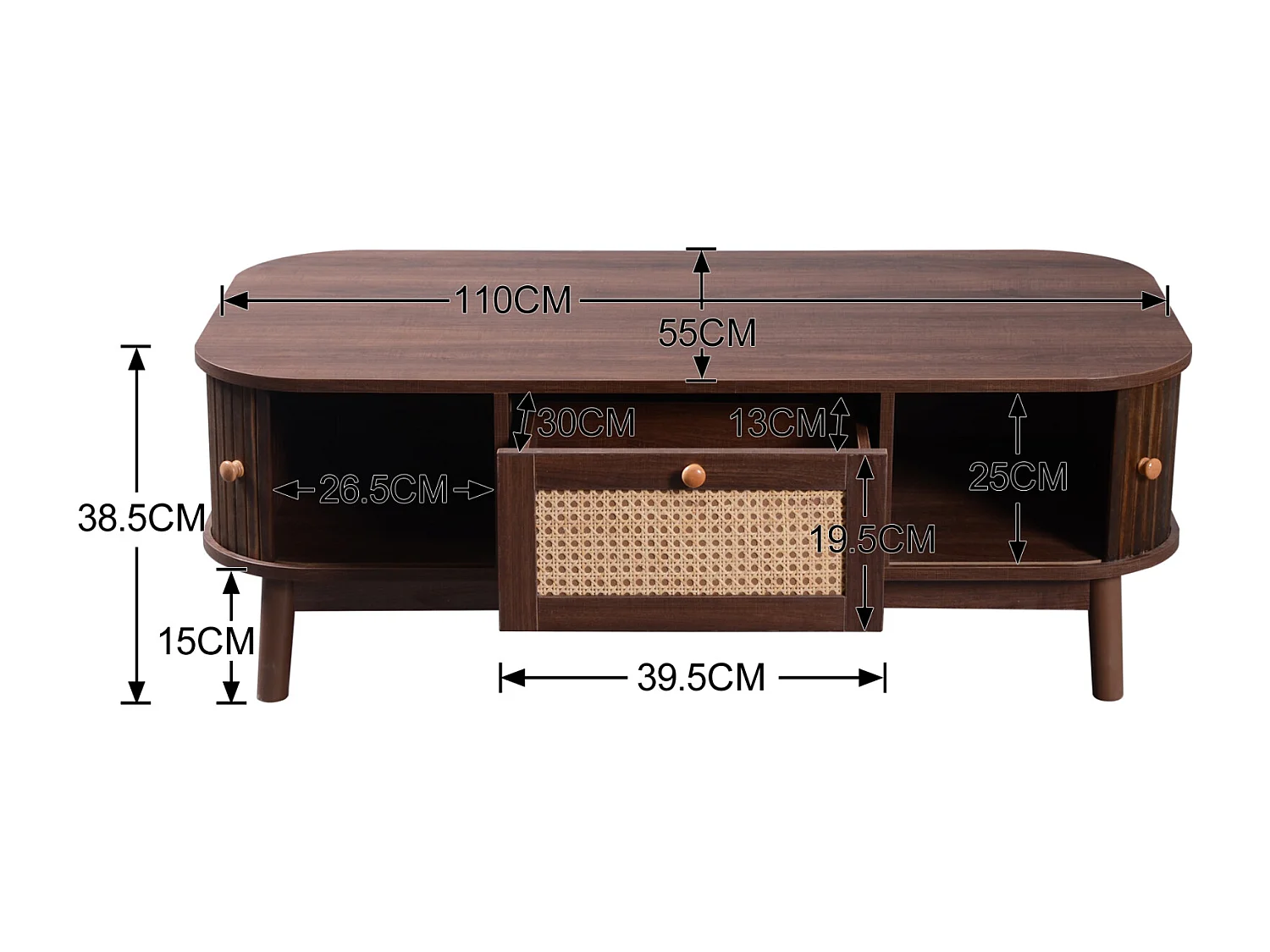 Tavolino da caffè in stile cottage 110x55x38,5 cm - Tavolino con cassetti in rattan e ante scorrevoli con doghe in legno massello Gambe in legno massello - Marrone