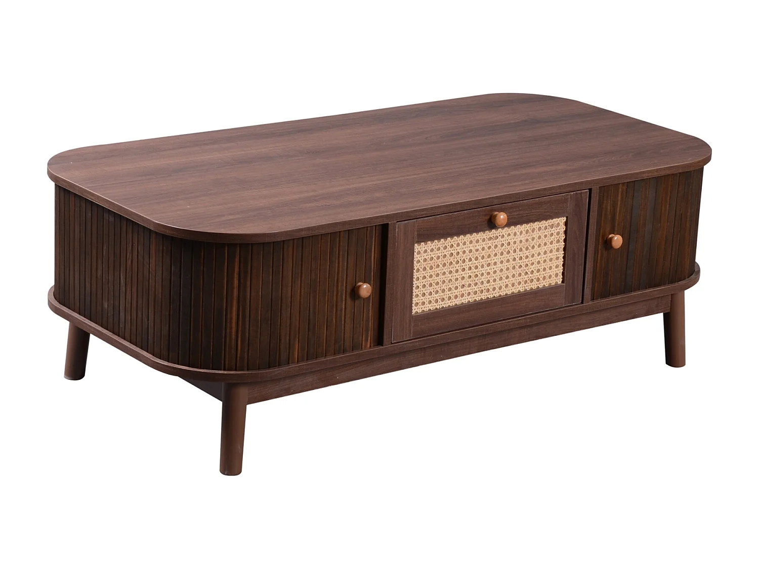 Tavolino da caffè in stile cottage 110x55x38,5 cm - Tavolino con cassetti in rattan e ante scorrevoli con doghe in legno massello Gambe in legno massello - Marrone