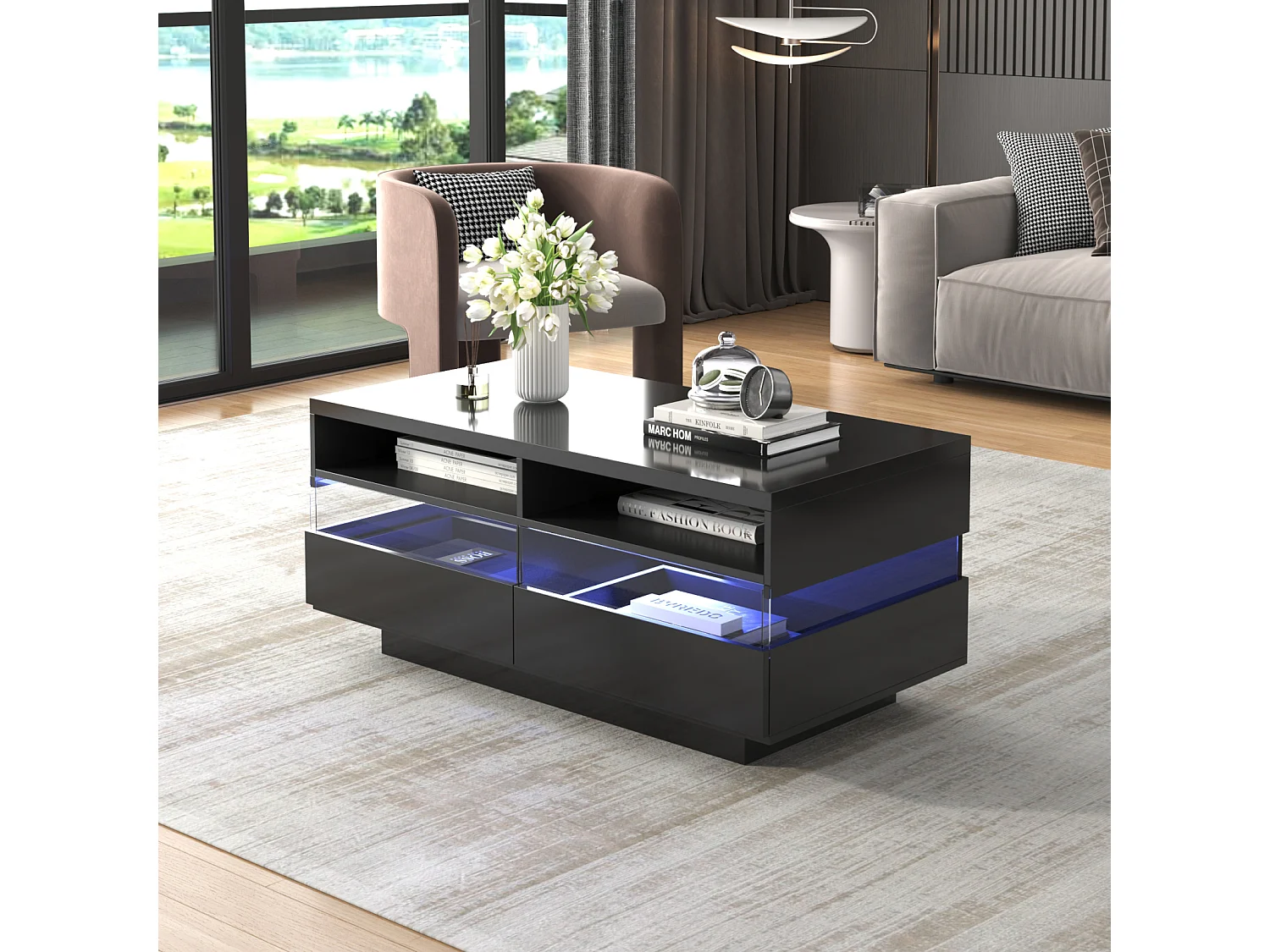LED rechthoekige salontafel 110x55x48,5cm, tafel met 2 opbergvakken en 2 lades, reflecterend acryllicht, zwart