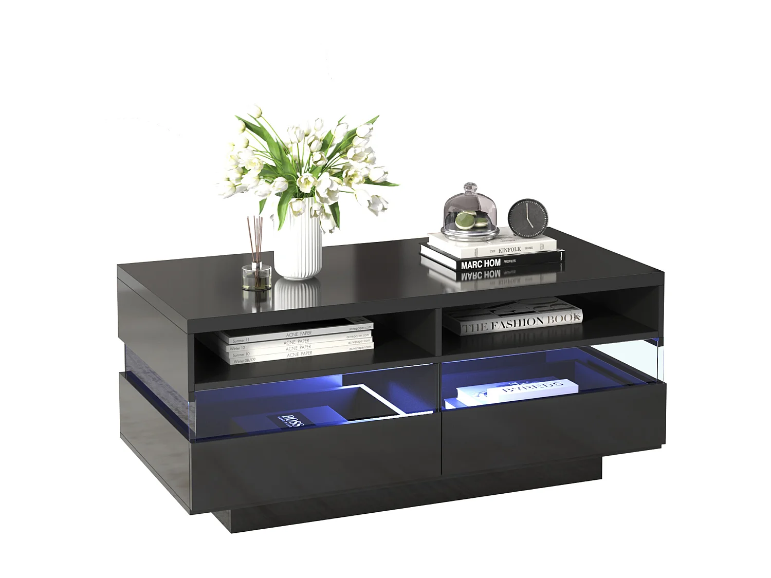 LED rechthoekige salontafel 110x55x48,5cm, tafel met 2 opbergvakken en 2 lades, reflecterend acryllicht, zwart