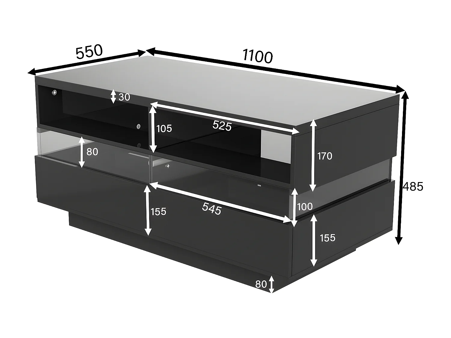 LED rechthoekige salontafel 110x55x48,5cm, tafel met 2 opbergvakken en 2 lades, reflecterend acryllicht, zwart