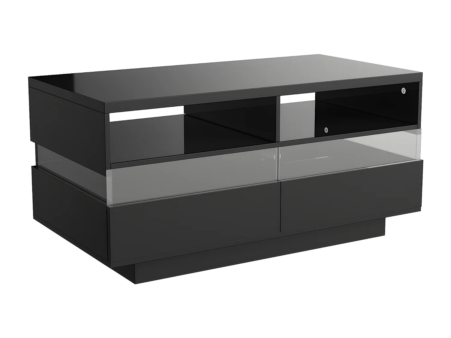 LED rechthoekige salontafel 110x55x48,5cm, tafel met 2 opbergvakken en 2 lades, reflecterend acryllicht, zwart