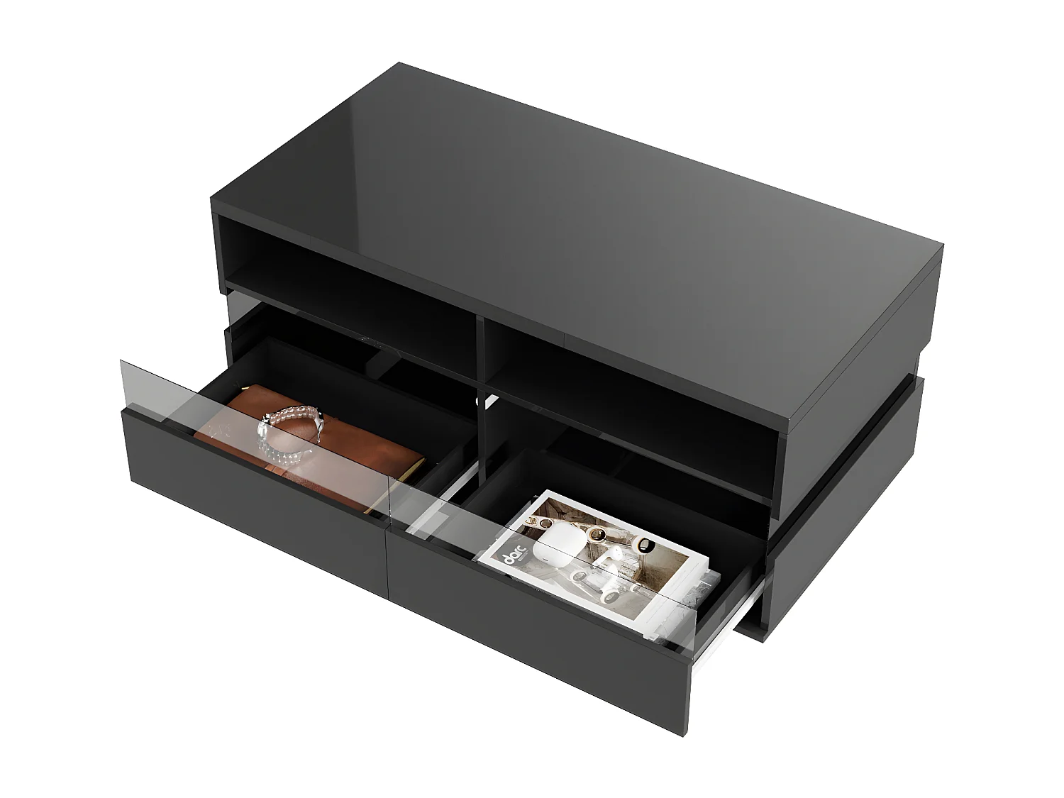 LED rechthoekige salontafel 110x55x48,5cm, tafel met 2 opbergvakken en 2 lades, reflecterend acryllicht, zwart