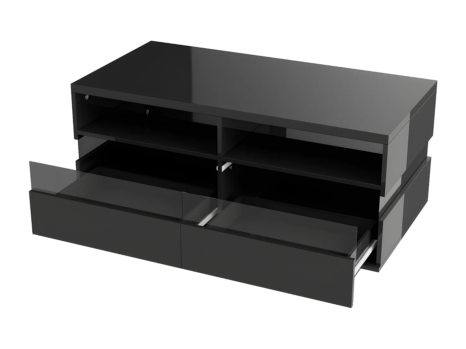 LED rechthoekige salontafel 110x55x48,5cm, tafel met 2 opbergvakken en 2 lades, reflecterend acryllicht, zwart