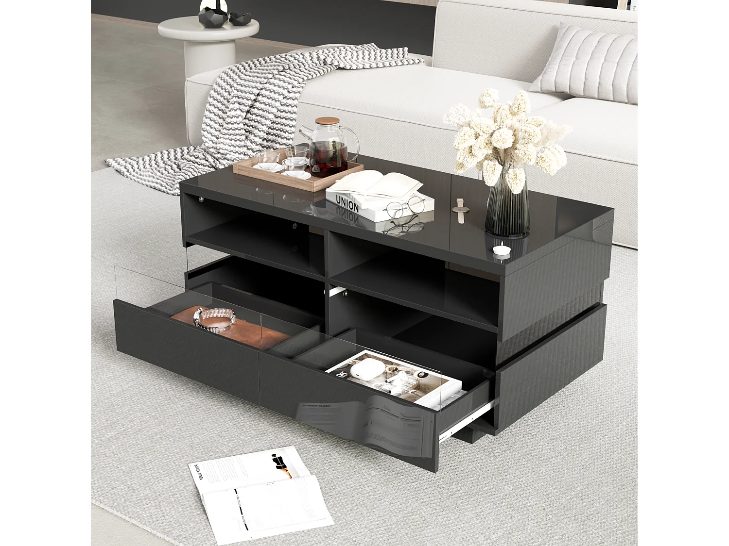 LED rechthoekige salontafel 110x55x48,5cm, tafel met 2 opbergvakken en 2 lades, reflecterend acryllicht, zwart