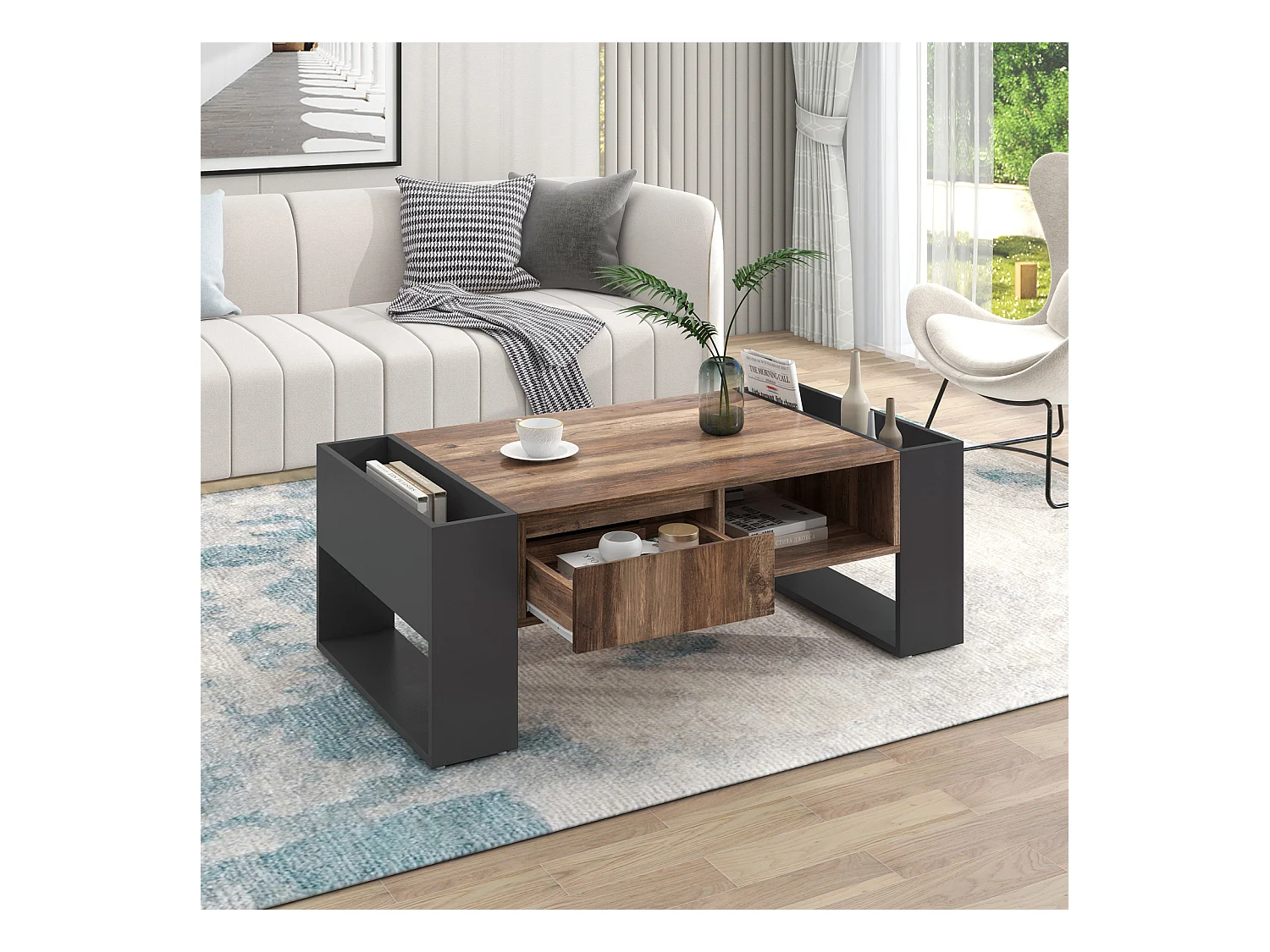 Table basse en bois veiné, 106.4x40x60cm, avec 1 tiroir et des compartiments de rangement, Noir+ Gris