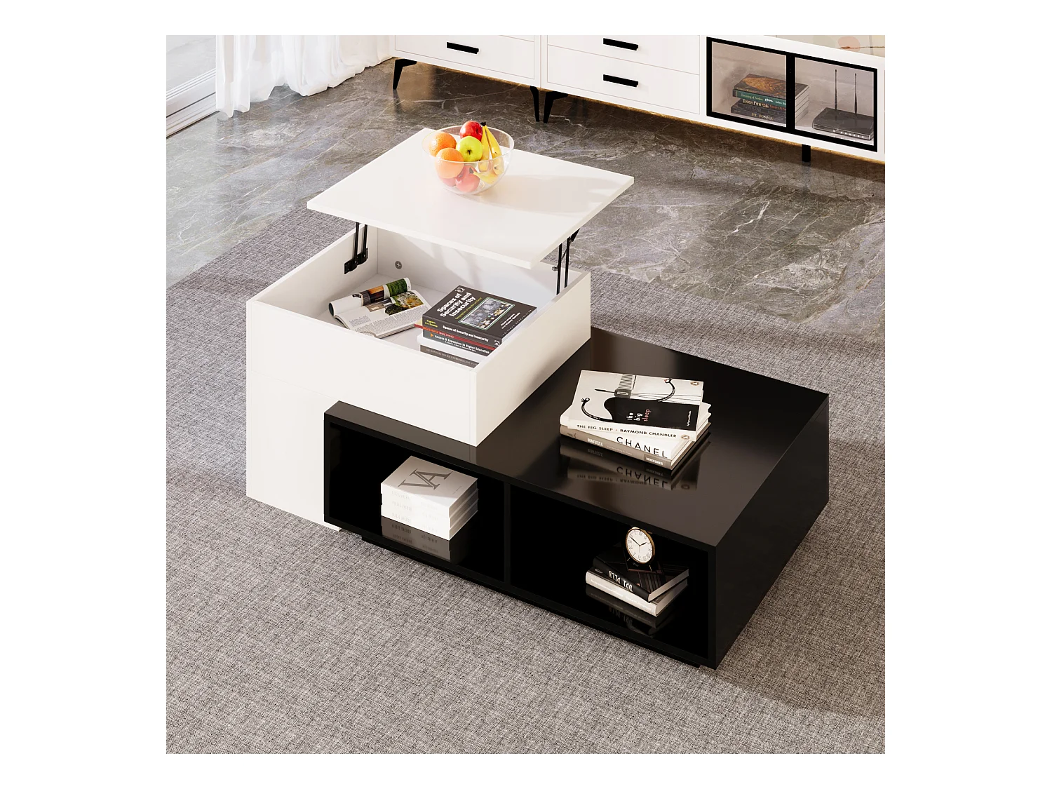 Set van 2 in elkaar passende salontafels, met heffunctie, opbergvakken, 59,5x43x50+90x60x28cm zwart-wit