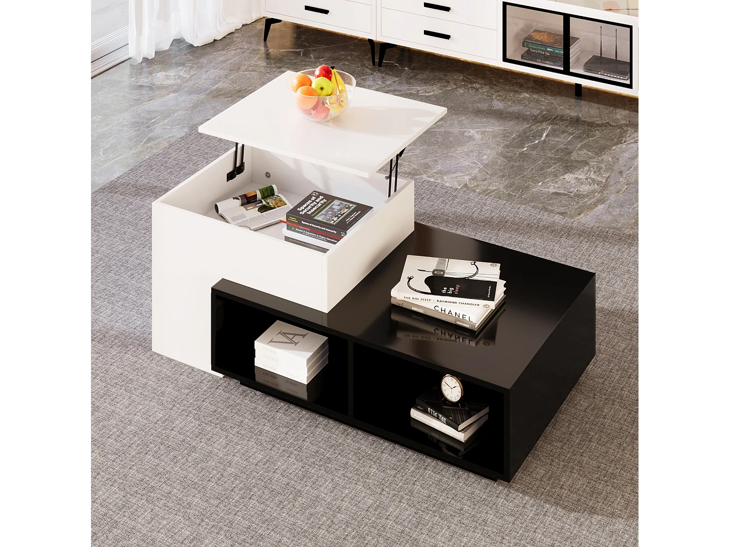 Lot de 2 table basse gigogne, avec fonction de levage, compartiments de rangement, 59, 5x43x50+90x60x28cm noir et blanc