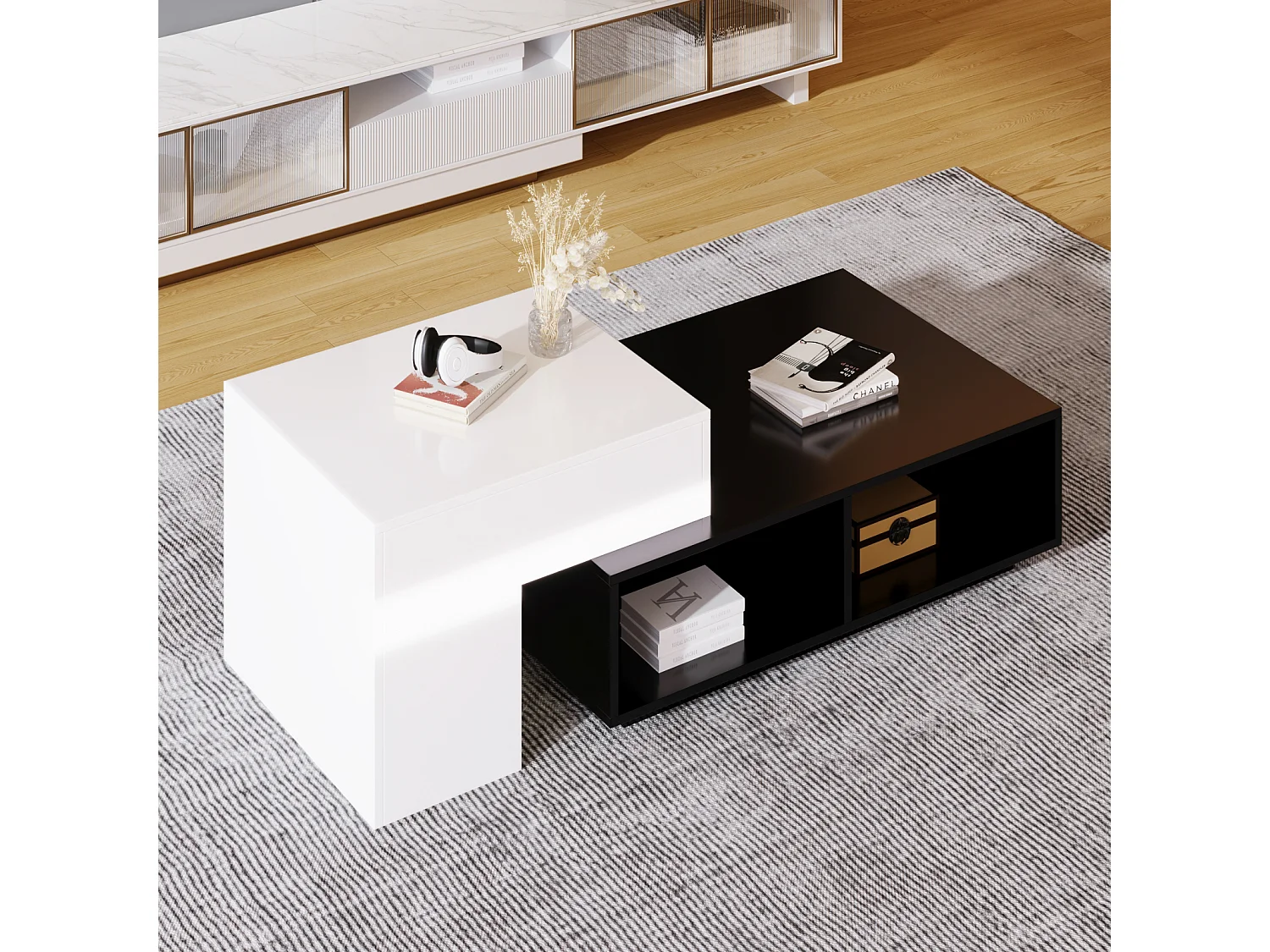 Lot de 2 table basse gigogne, avec fonction de levage, compartiments de rangement, 59, 5x43x50+90x60x28cm noir et blanc