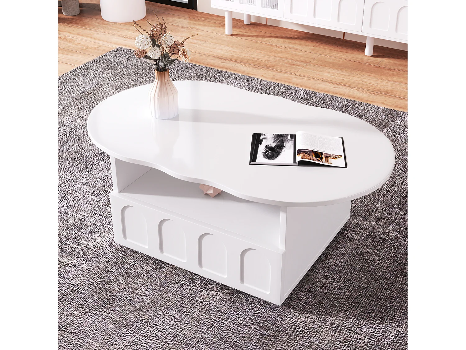 Mesa de centro 100x39,2x60cm, forma de nube con cajones y compartimentos de almacenaje, tablero de partículas, color blanco