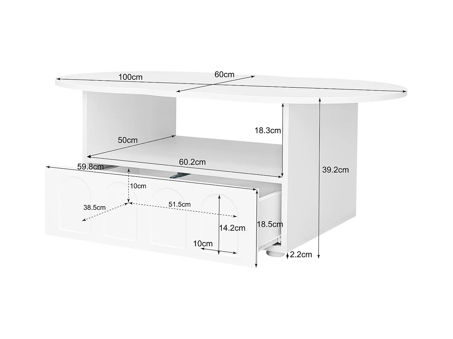 Table basse 100x39.2x60cm, n forme de nuage avec tiroirs et compartiments de rangement, panneaux de particules, blanc
