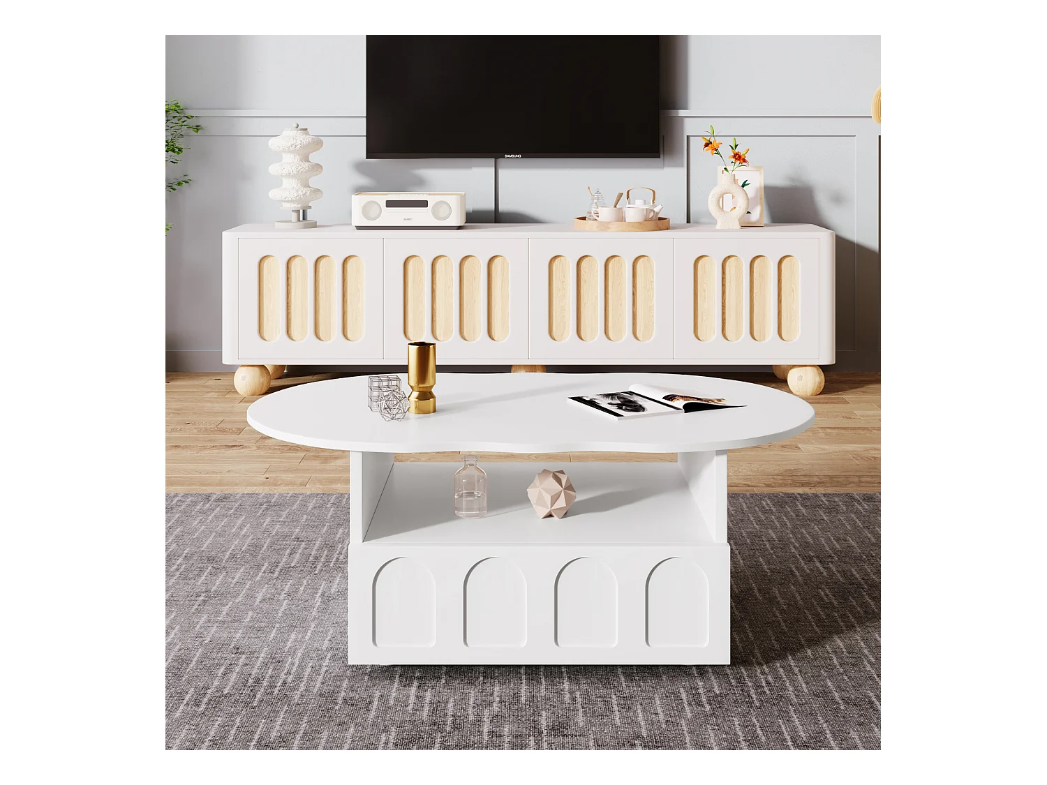 Table basse 100x39.2x60cm, n forme de nuage avec tiroirs et compartiments de rangement, panneaux de particules, blanc