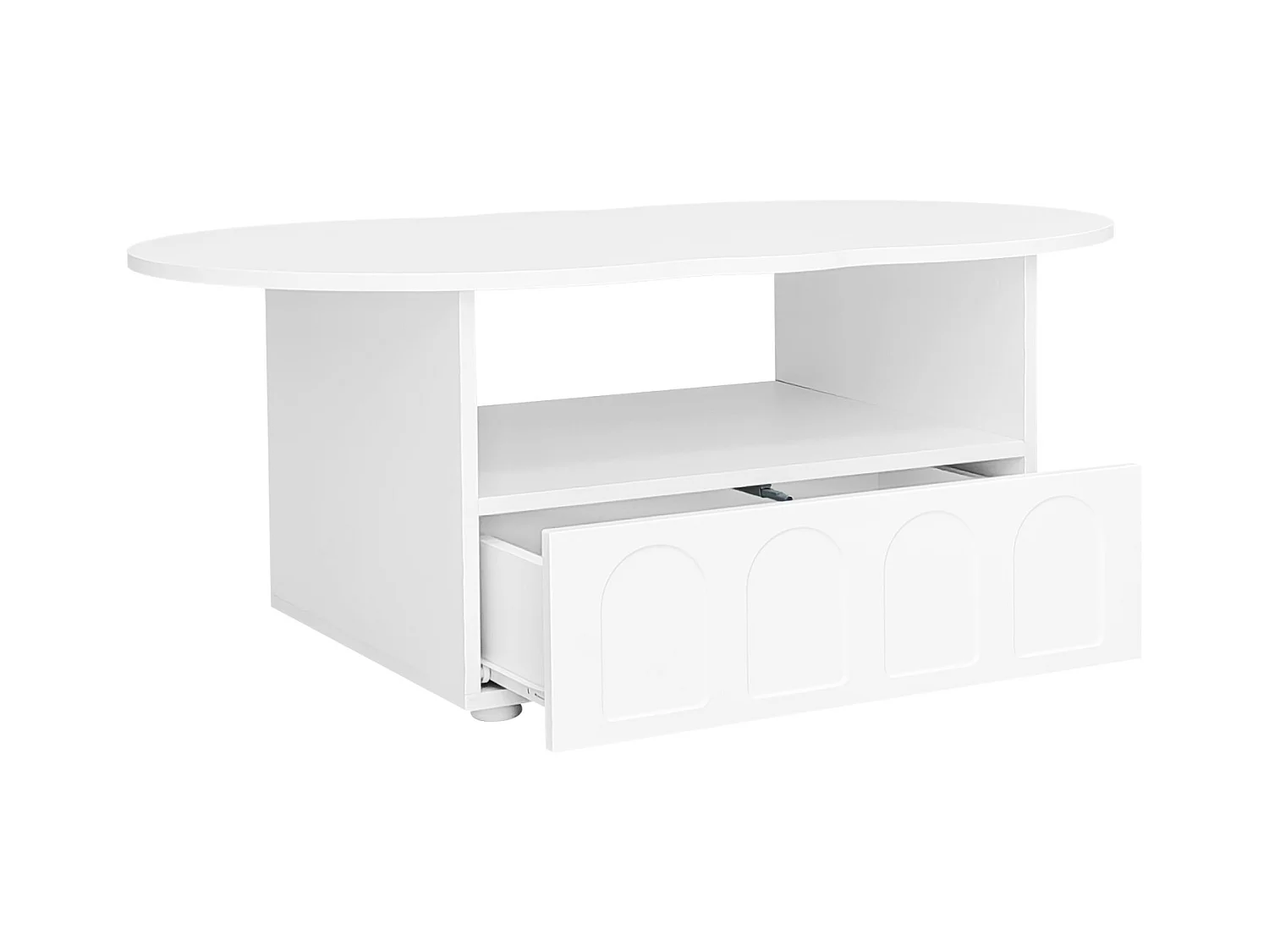Table basse 100x39.2x60cm, n forme de nuage avec tiroirs et compartiments de rangement, panneaux de particules, blanc