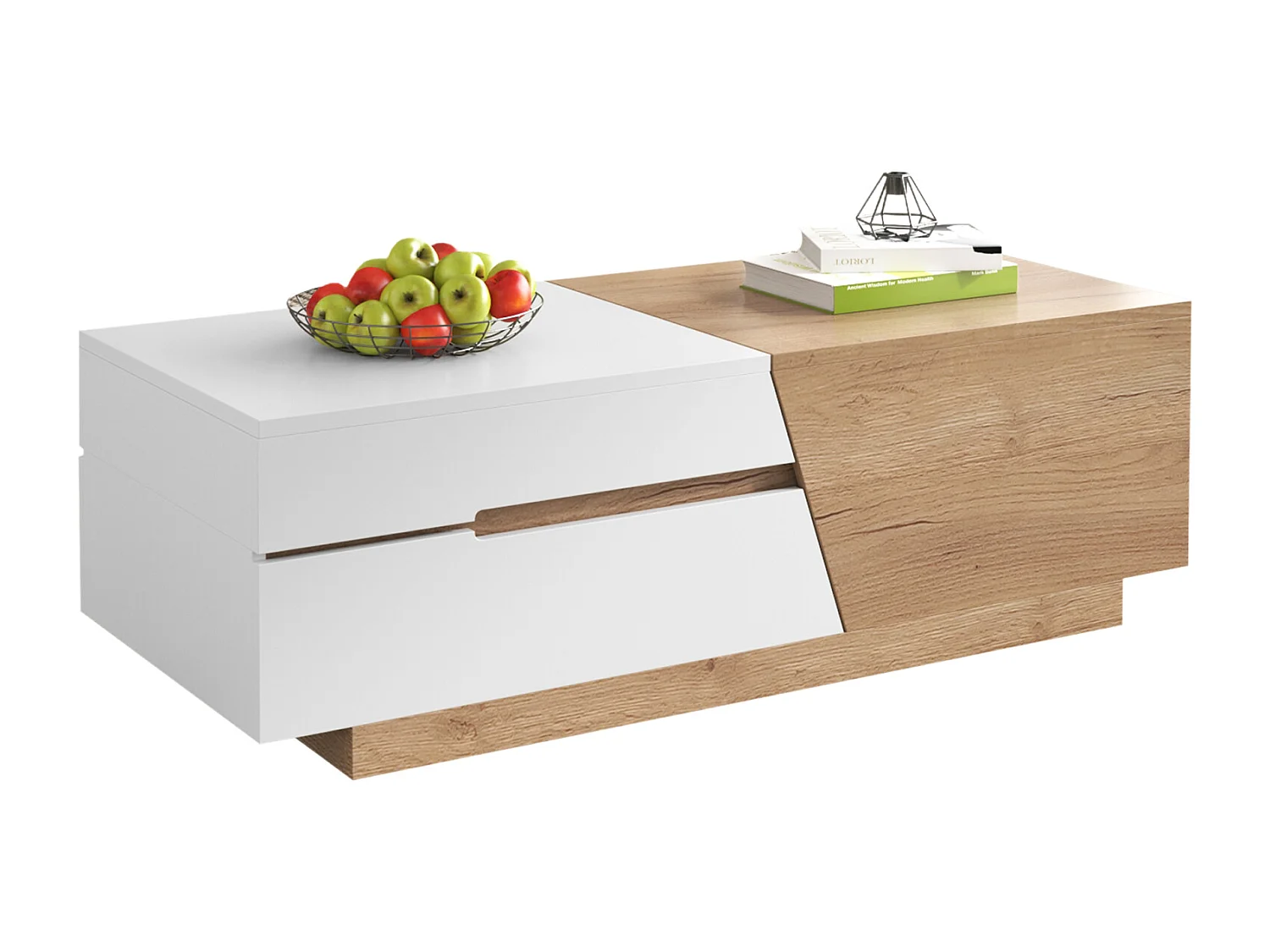 Table basse extensible 120x50x37.5cm, table basse rectangle avec tiroirs, structure color block, Naturel