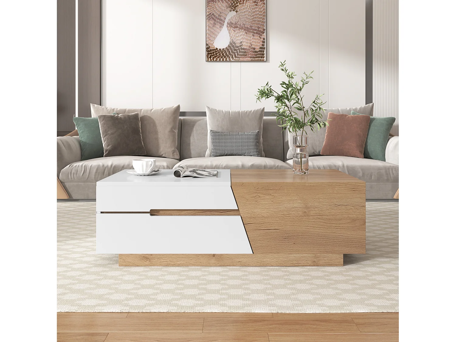 Table basse extensible 120x50x37.5cm, table basse rectangle avec tiroirs, structure color block, Naturel