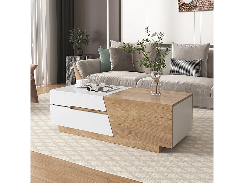 Table basse extensible 120x50x37.5cm, table basse rectangle avec tiroirs, structure color block, Naturel