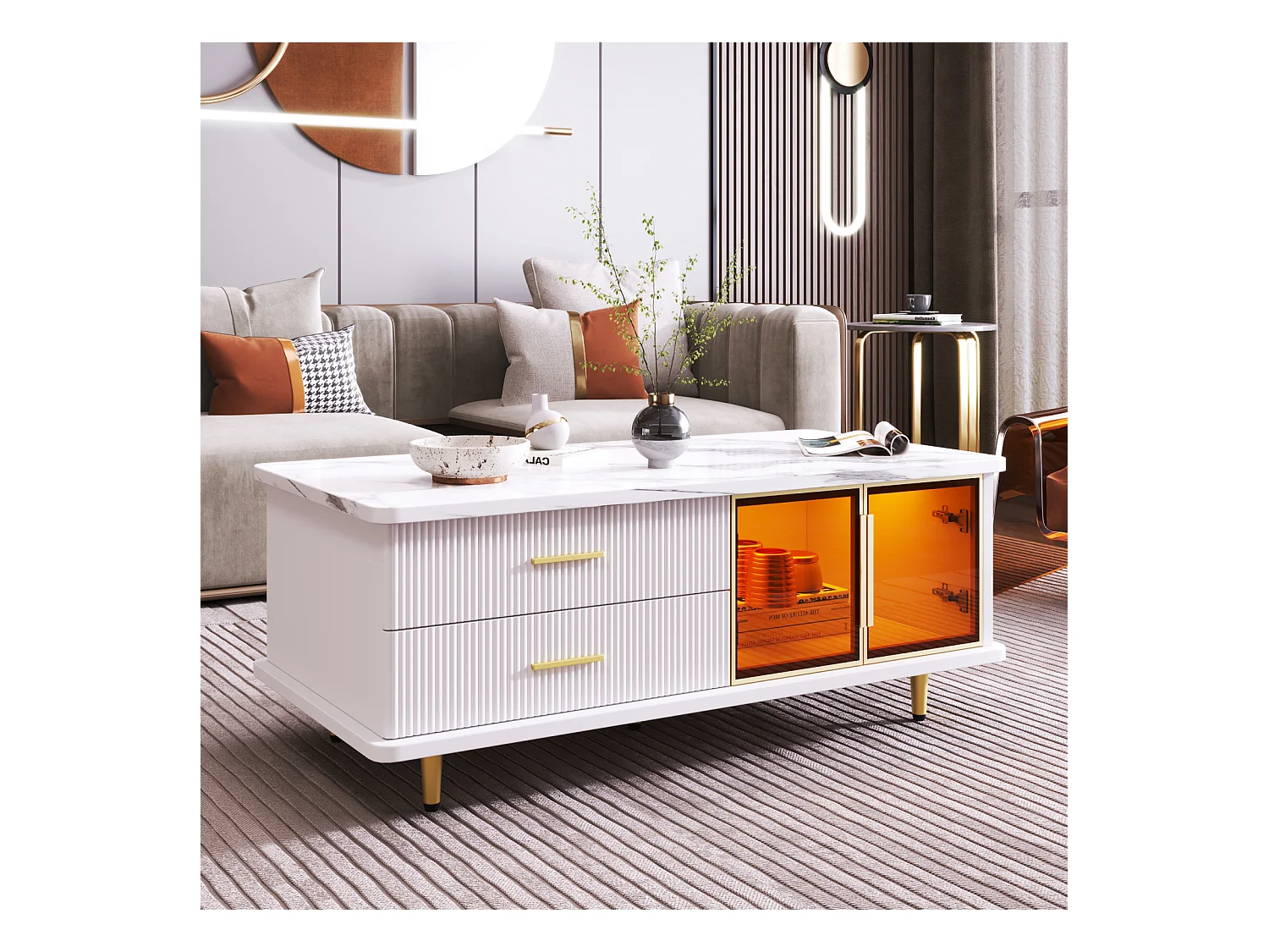 Rechthoekige salontafel 100x50x40cm, gehard glazen deur, laden met golvende structuur, gouden handgrepen en poten, marmeren structuur bovenblad, Wit + Goud