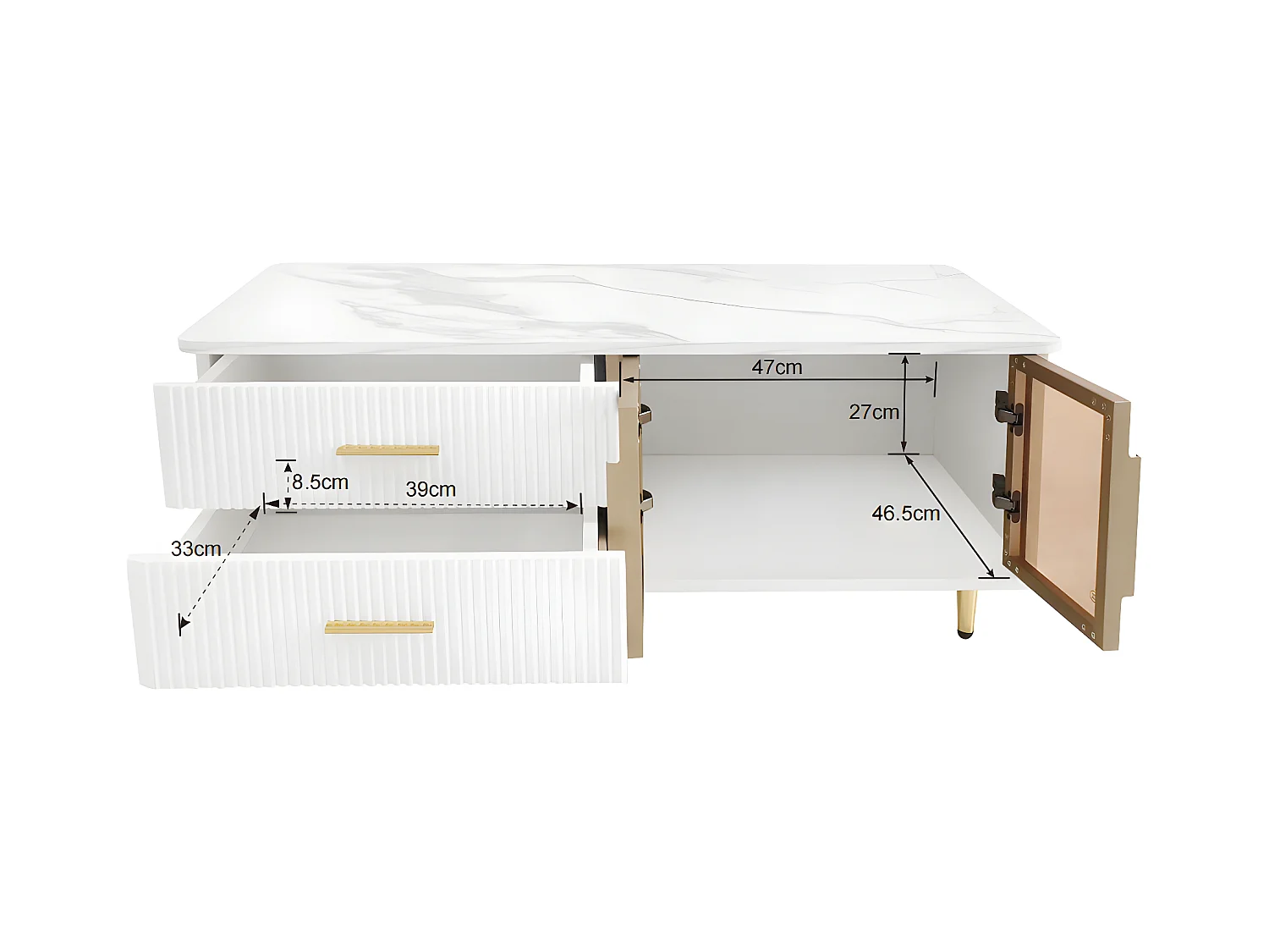 Table basse rectangulaire 100x50x40cm, porte en verre trempé, tiroirs à structure ondulée, oignées et pieds dorés, plateau en structure en marbre, Blanc + Doré