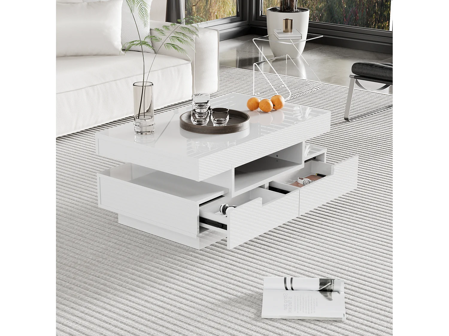 Table basse, finition brillante, avec LED, 4 tiroirs à l'avant et à l'arrière, grand espace de rangement 80x50x36cm, blanc