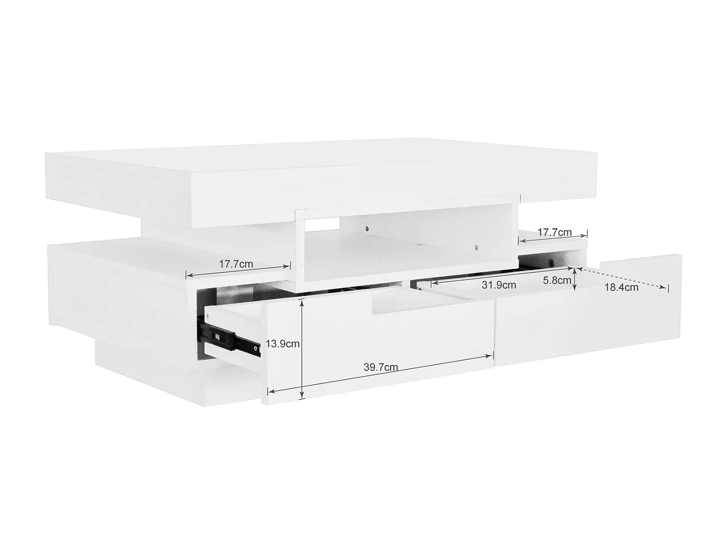 Table basse, finition brillante, avec LED, 4 tiroirs à l'avant et à l'arrière, grand espace de rangement 80x50x36cm, blanc
