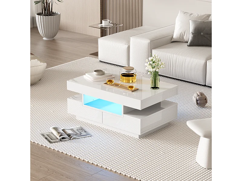 Table basse, finition brillante, avec LED, 4 tiroirs à l'avant et à l'arrière, grand espace de rangement 80x50x36cm, blanc