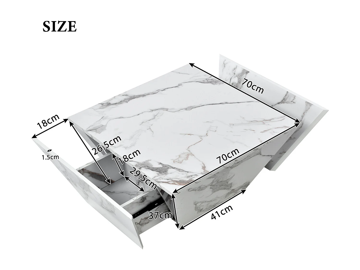 Table basse brillant Trapèze, avec plateau aspect marbre, 2 tiroirs, Table de salon, 70 x 70 x 37 cm - Blanc
